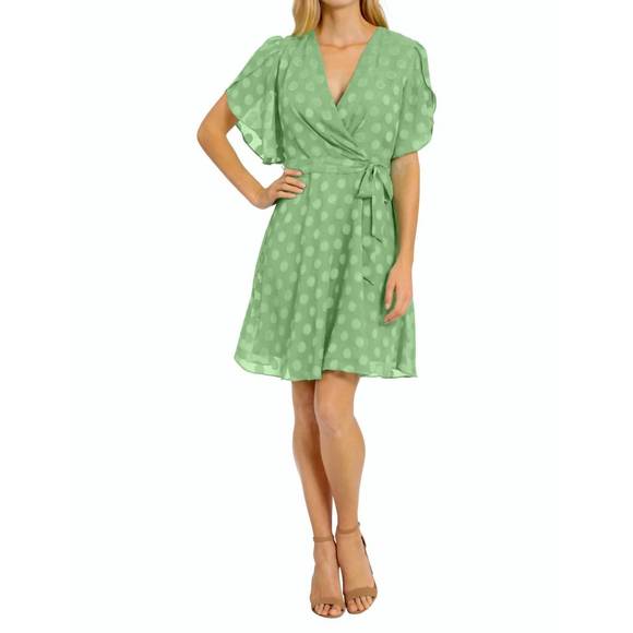 NEW LONDON TIMES caillan pleated surplice dress in absinthe green polka dot - Picture 1 of 2